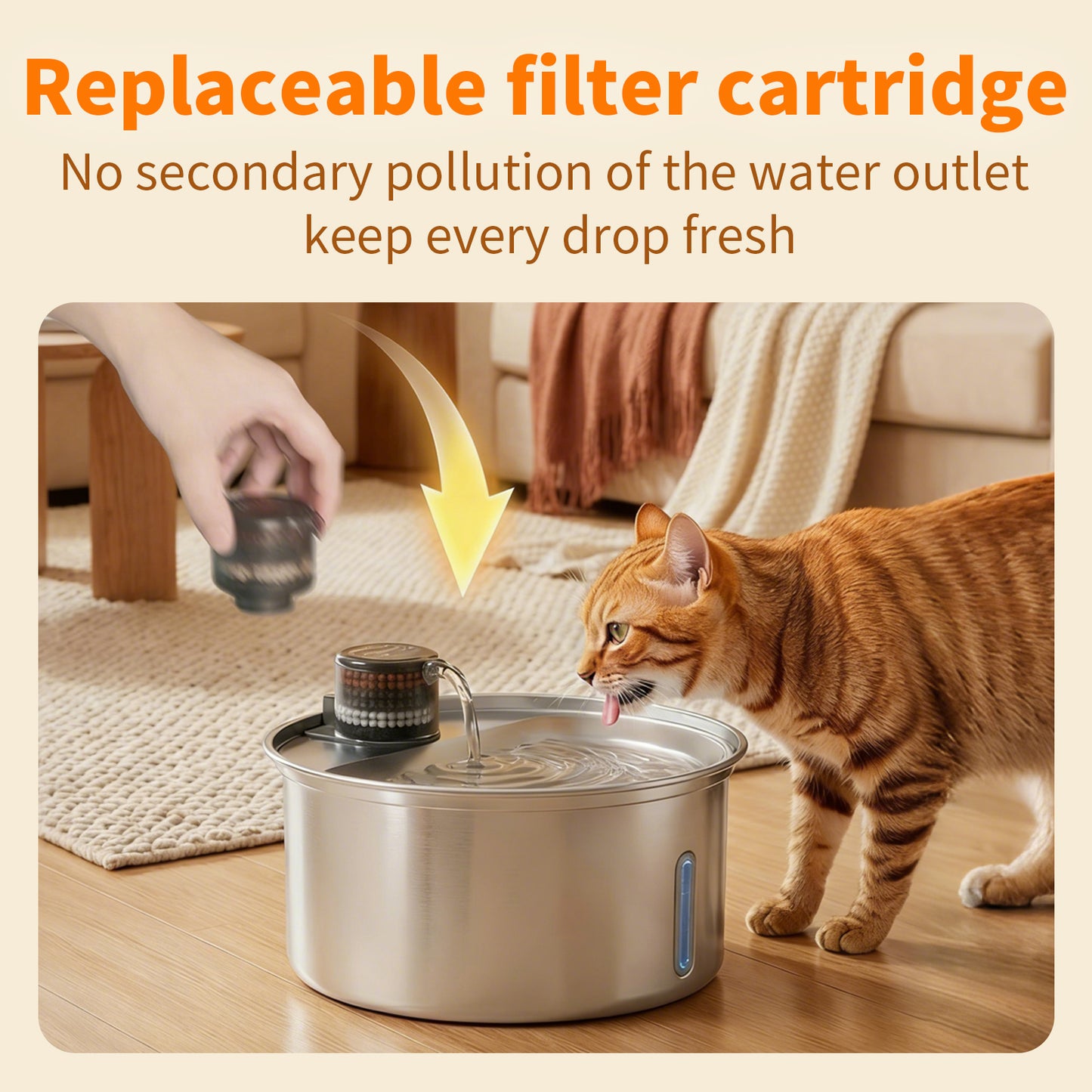 Owner changing replaceable filter cartridge on Furlyn stainless steel cat fountain to ensure fresh water