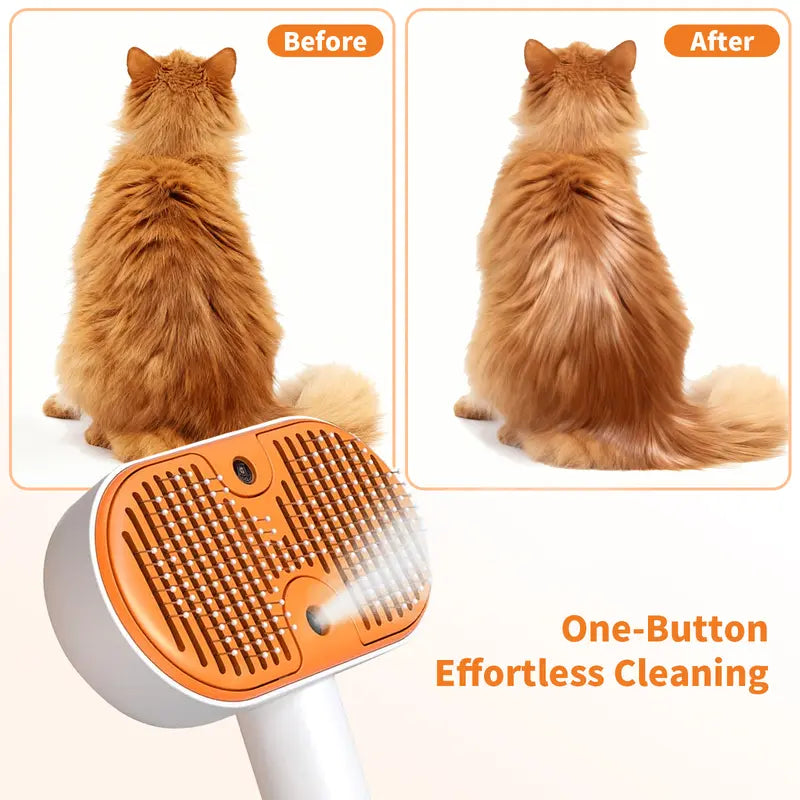 Before and after results of grooming a cat with the Furlyn pet steam brush showing a smoother, shinier coat