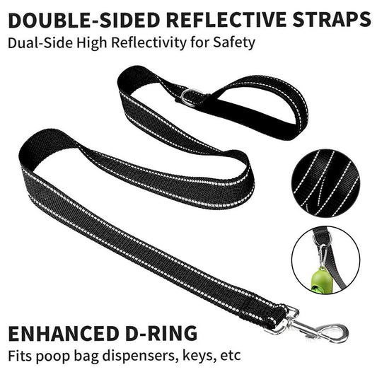 Black heavy-duty dog leash with reflective stitching and D-ring by Furlyn