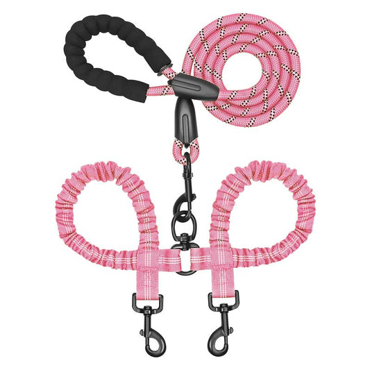 Pink Furlyn shock-absorbing dual dog leash with padded handle
