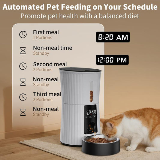 Programmable automatic pet feeder with custom meal schedule and portion control for cats - Furlyn