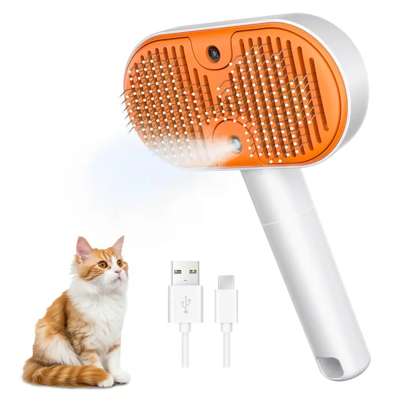 Rechargeable pet steam brush with fine mist spray and USB charging cable for cats and dogs - Furlyn