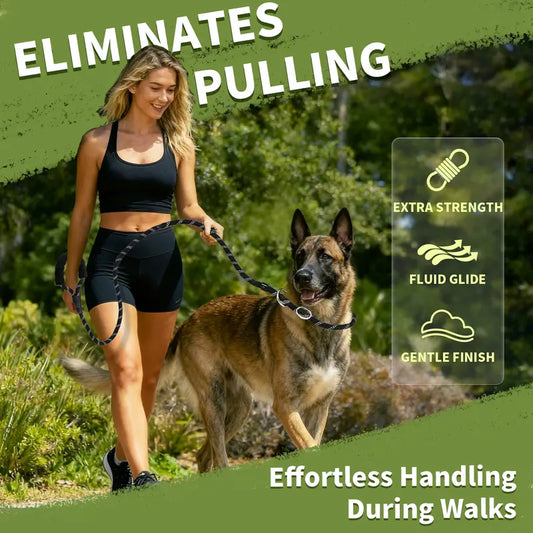 Khaki tan tactical dog leash with shock-absorbing bungee cord