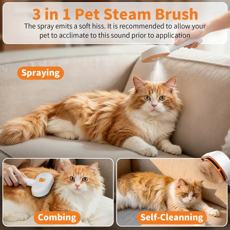 3-in-1 multifunctional pet steam brush demonstrating spraying, combing, and self-cleaning modes on a cat