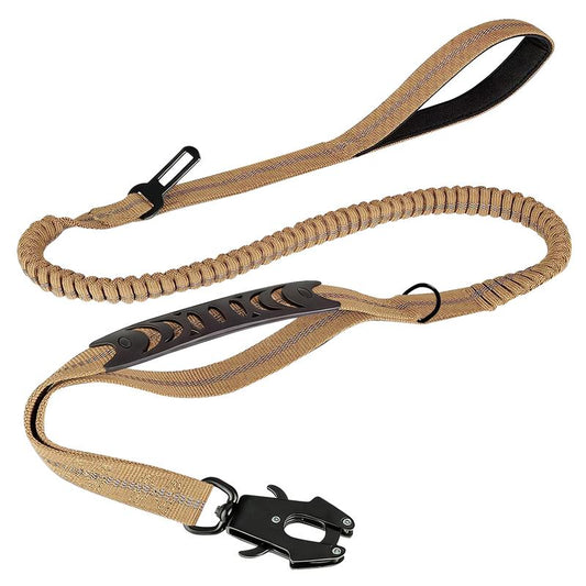 Khaki tan tactical dog leash with shock-absorbing bungee cord