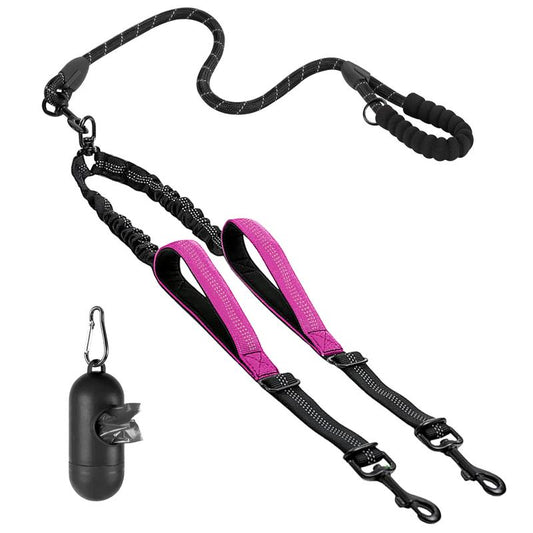 Pink adjustable double dog leash with shock-absorbing bungee