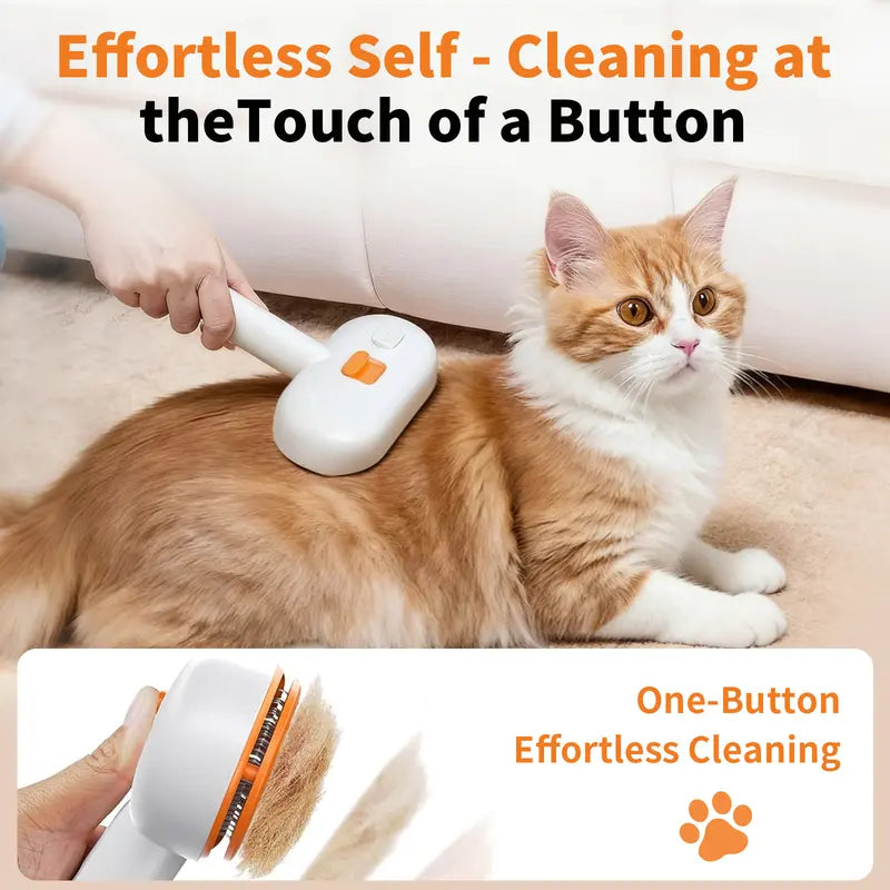 Effortless one-button self-cleaning mechanism on the Furlyn pet steam brush removing trapped loose hair