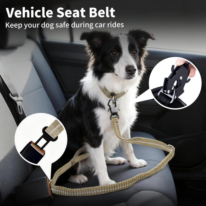 Dog safely secured in car using Furlyn tactical leash seat belt buckle