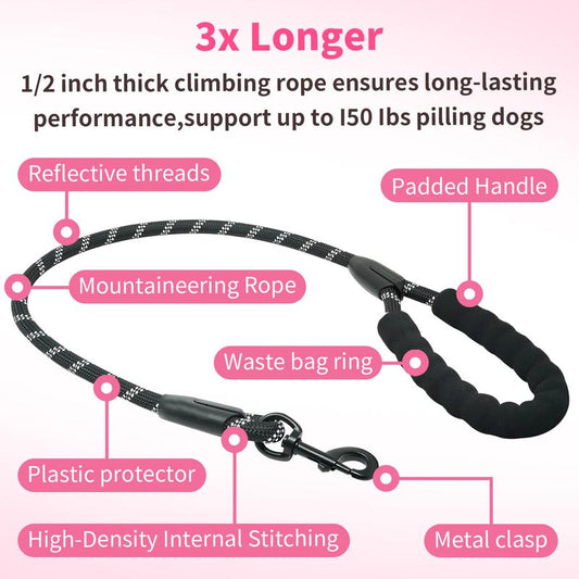 Anatomy of Furlyn heavy duty double dog leash with climbing rope and metal clasp