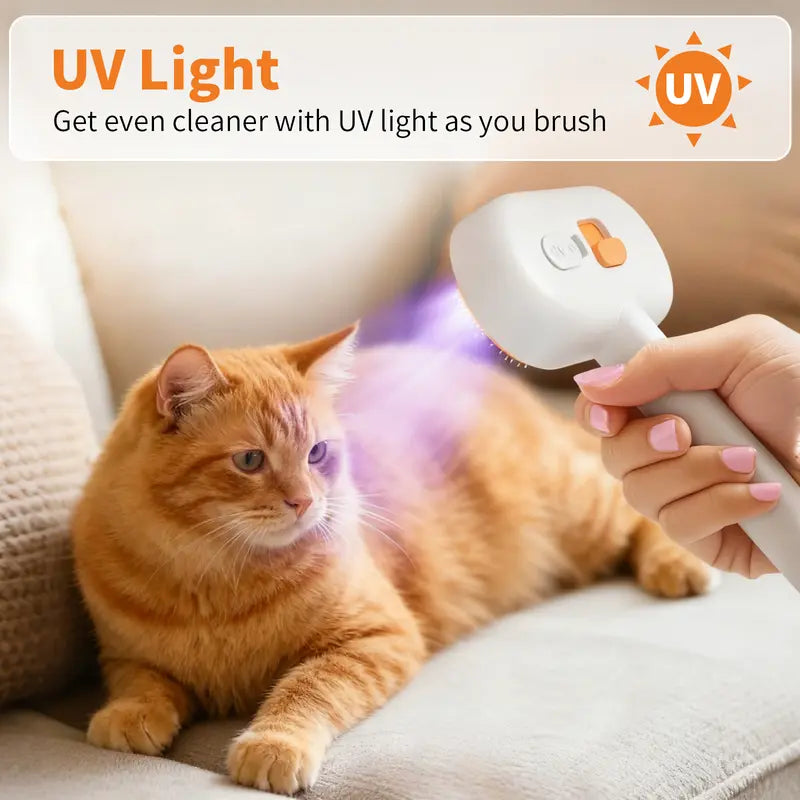 Innovative pet grooming brush with UV light feature for deep cleaning and sanitizing while brushing - Furlyn